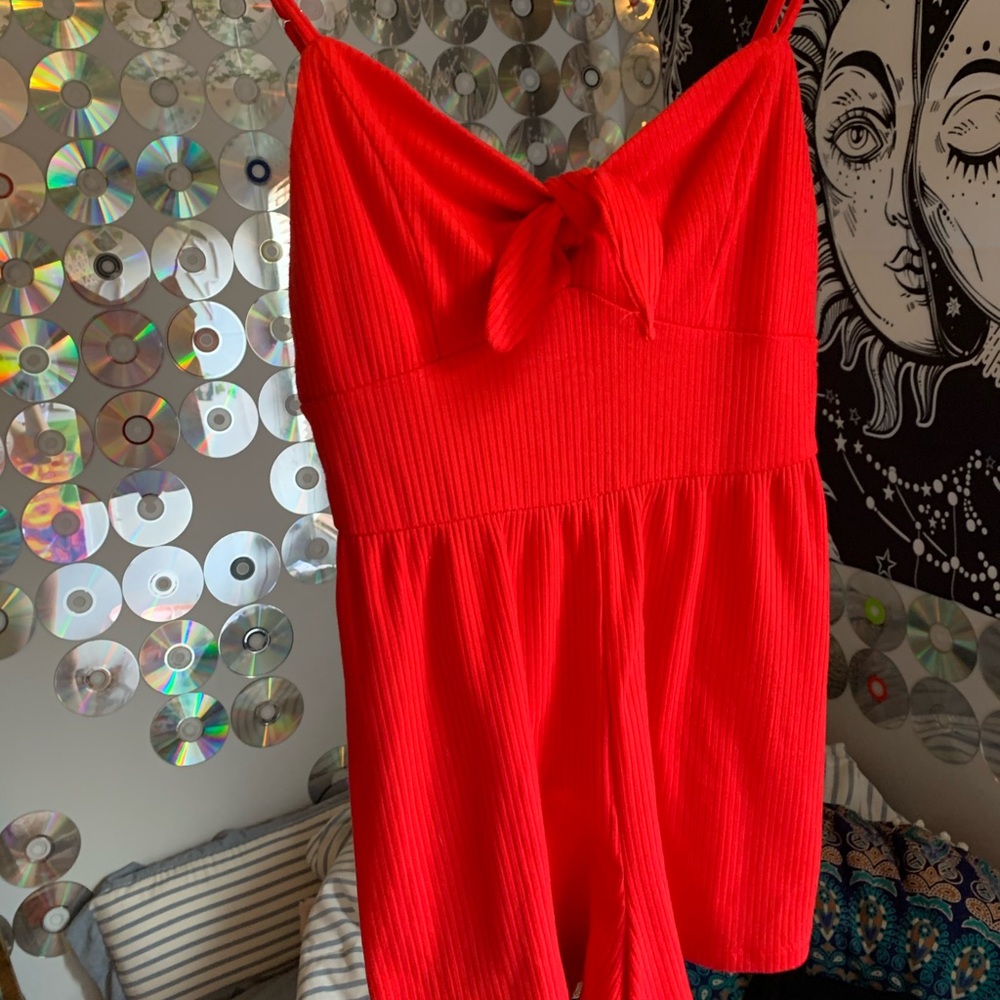 red tie front romper cover up